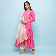 Rangdeep Pink Bandhej Calf length Cotton Kurti with Dupatta