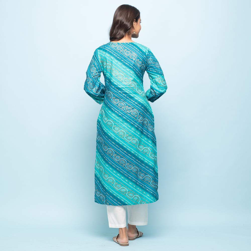Rangdeep Indigo Bandhej Calf length Cotton Kurti