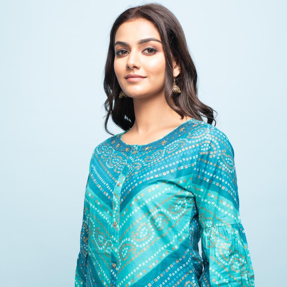 Rangdeep Indigo Bandhej Calf length Cotton Kurti