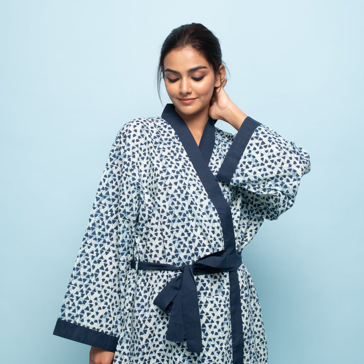 Triangle print indigo Cotton Hand printed kimono robe