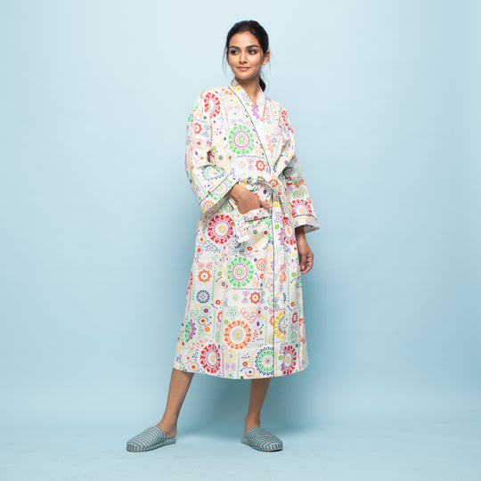 White Multicolor Cotton Hand printed kimono robe