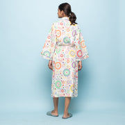 White Multicolor Cotton Hand printed kimono robe