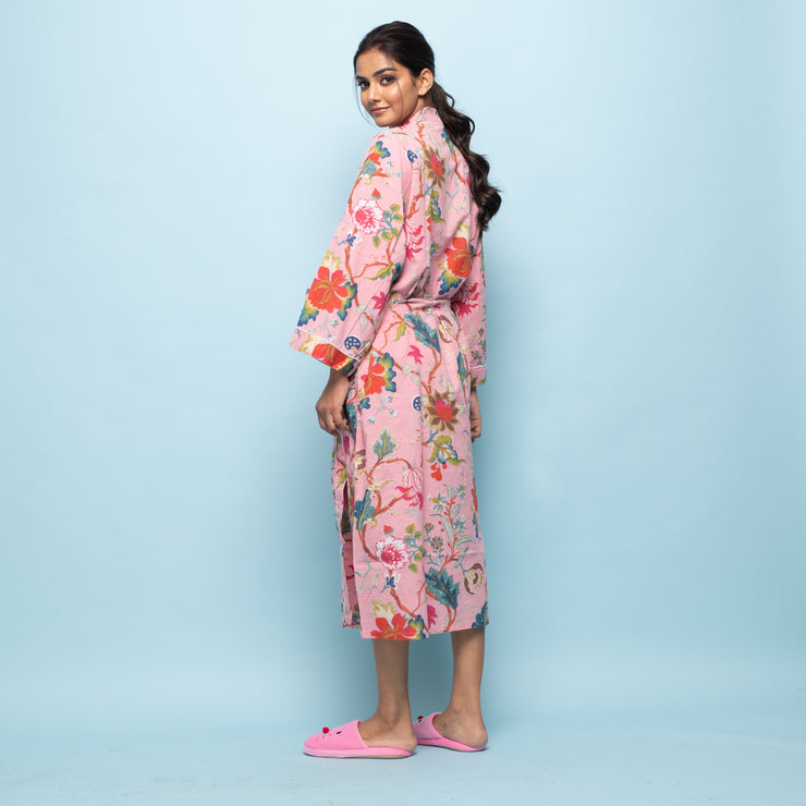 Pink Cotton Hand printed kimono robe