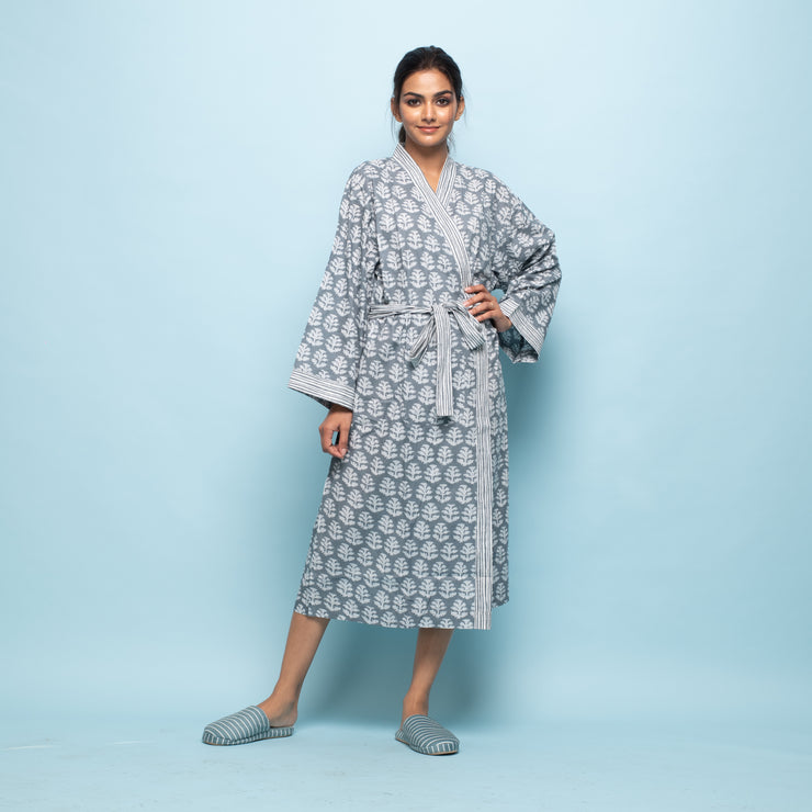 Grey Cotton Hand printed kimono robe