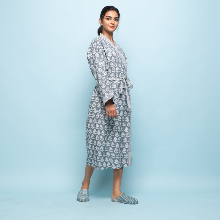 Grey Cotton Hand printed kimono robe