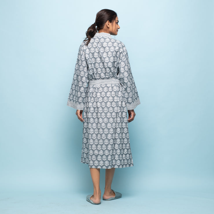 Grey Cotton Hand printed kimono robe