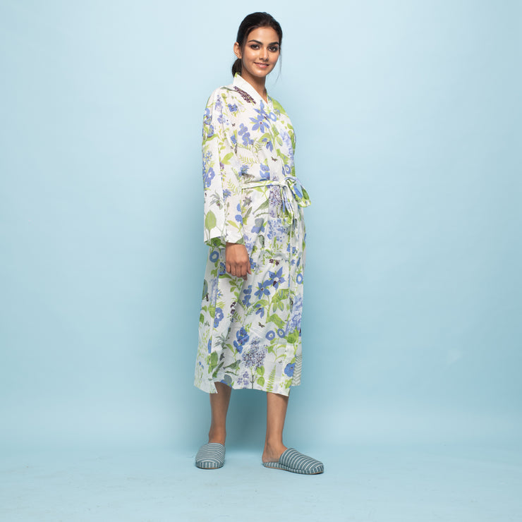 BLUE GREEN Multi-color Cotton Hand printed kimono robe