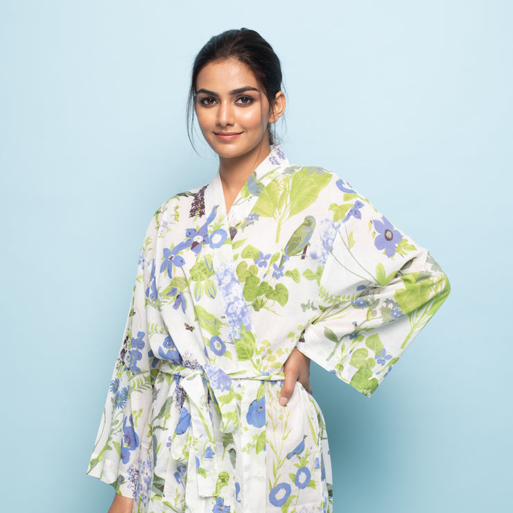 BLUE GREEN Multi-color Cotton Hand printed kimono robe