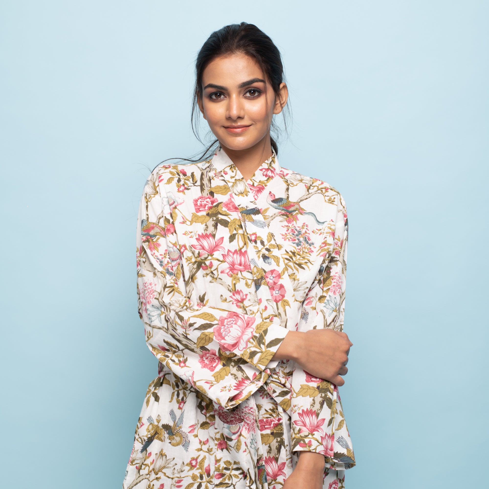 PINK FLORAL Cotton Hand printed kimono robe
