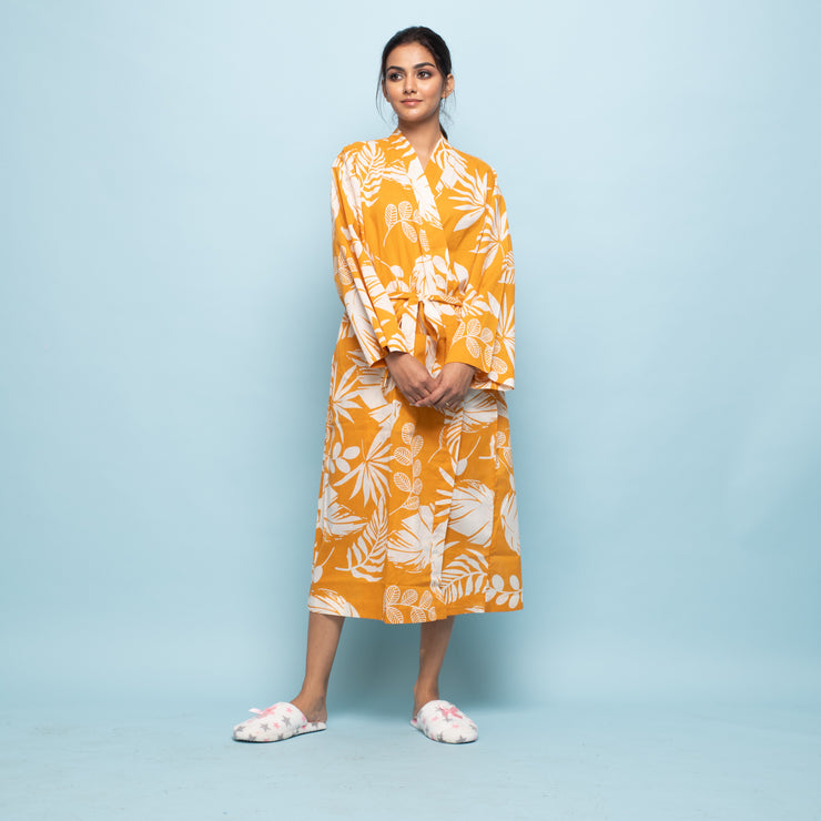 Yellow Cotton Hand printed kimono robe