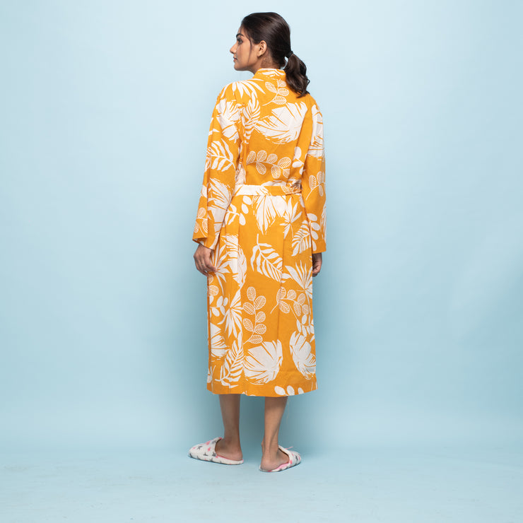 Yellow Cotton Hand printed kimono robe