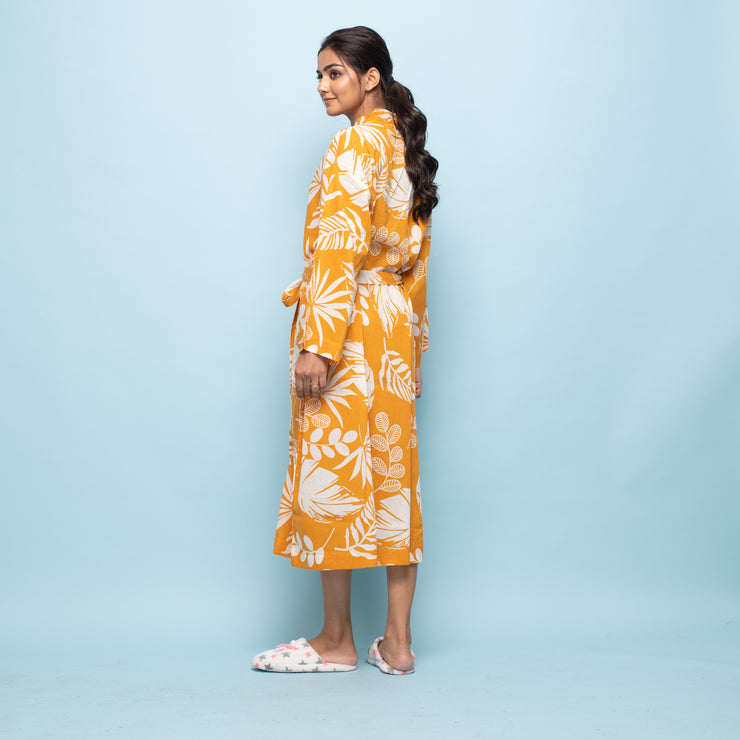 Yellow Cotton Hand printed kimono robe