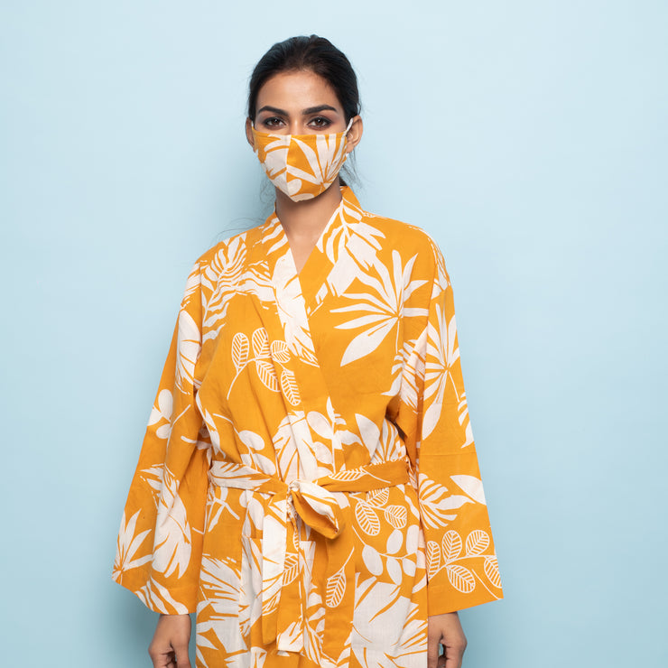 Yellow Cotton Hand printed kimono robe