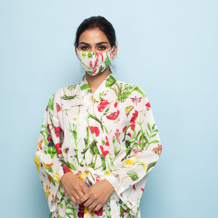 RED WHITE Cotton Hand printed kimono robe