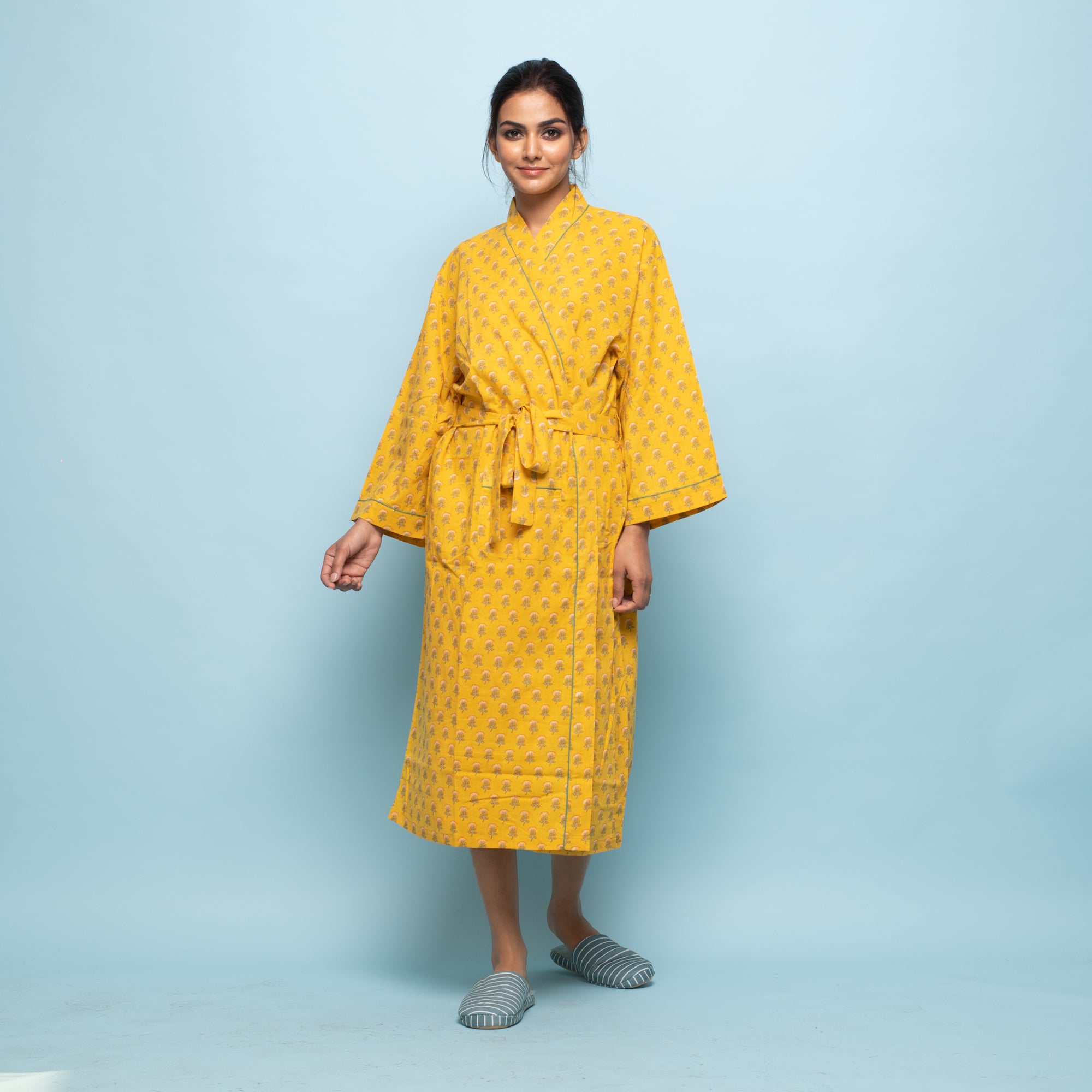 Yellow Cotton Hand printed kimono robe