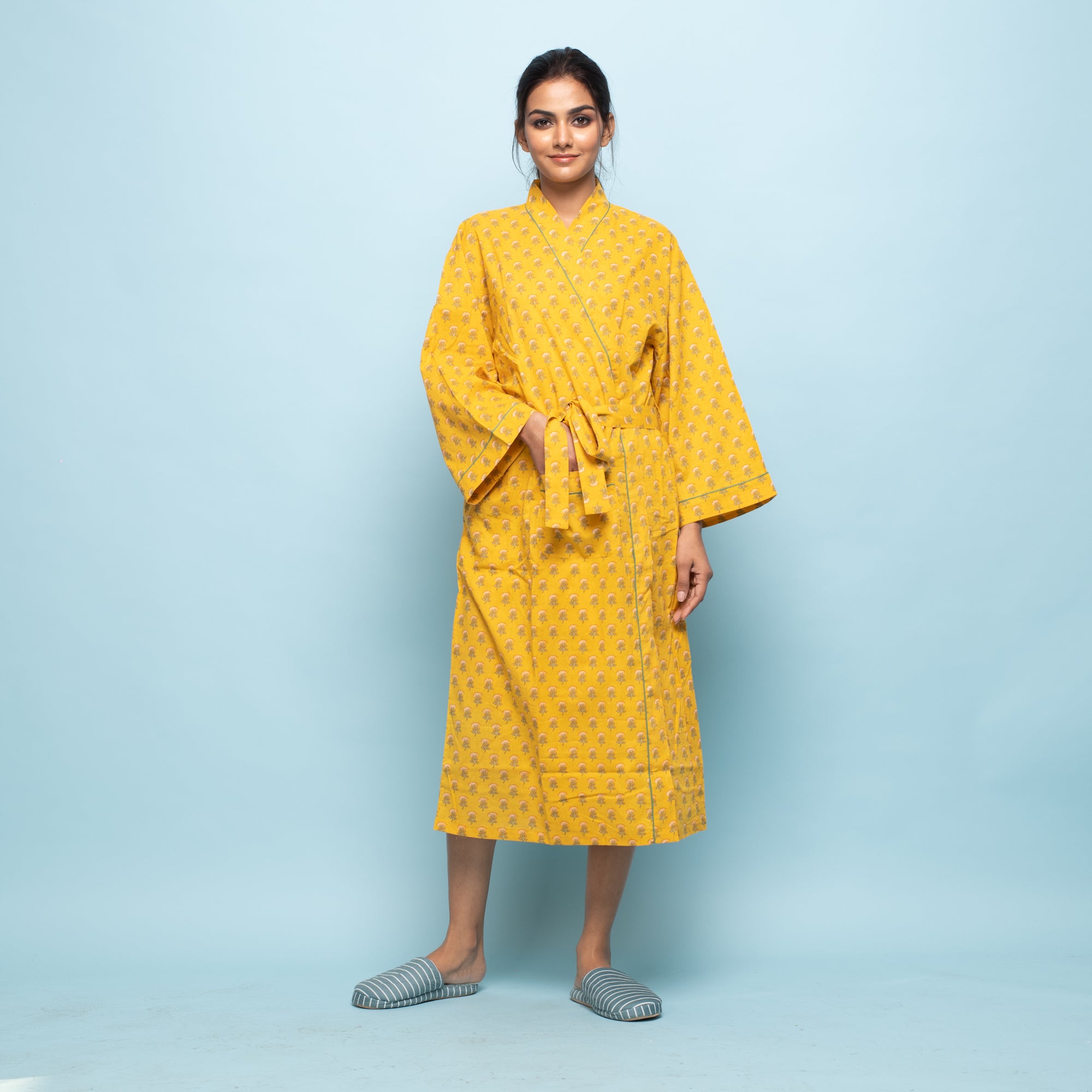 Yellow Cotton Hand printed kimono robe