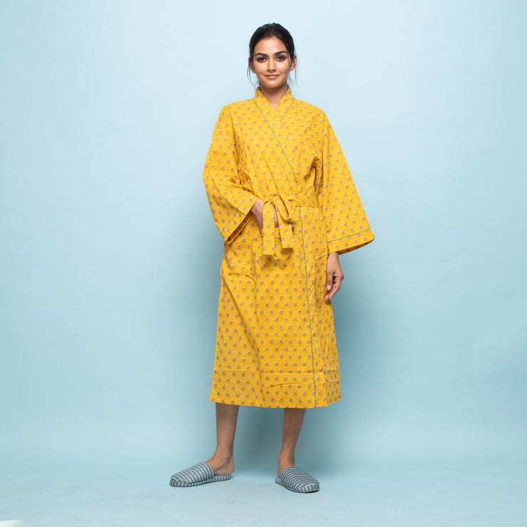 Yellow Cotton Hand printed kimono robe