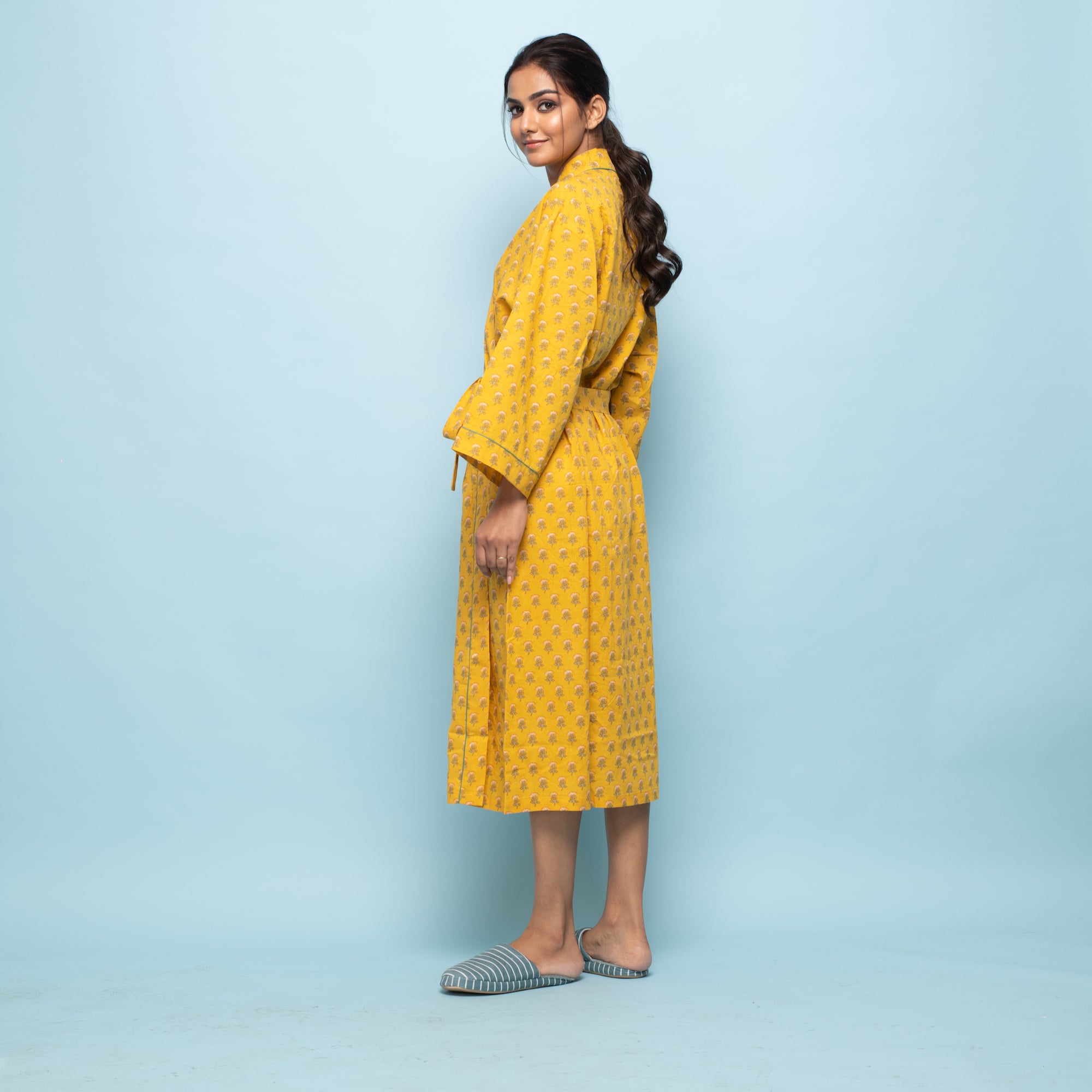 Yellow Cotton Hand printed kimono robe