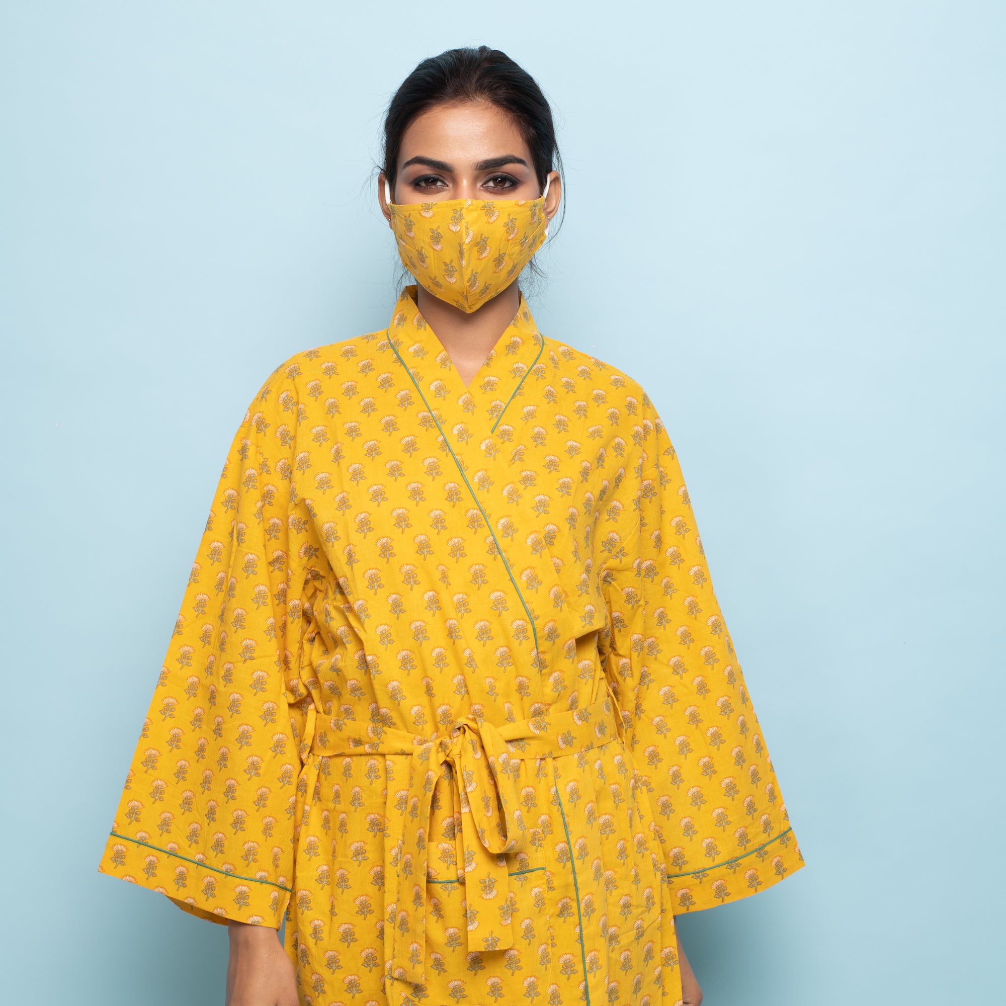Yellow Cotton Hand printed kimono robe