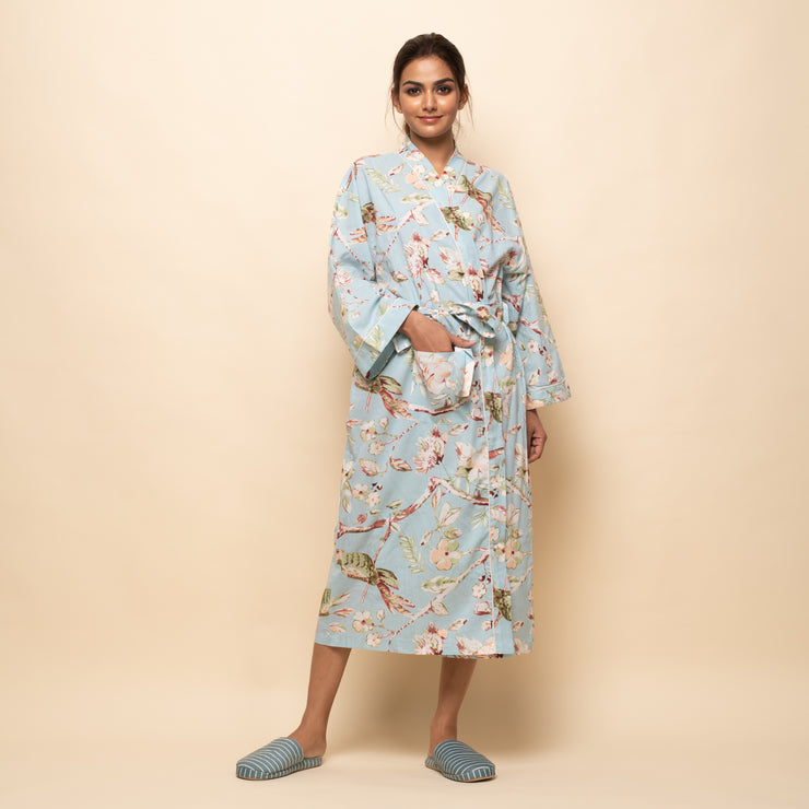 SKY BLUE Cotton Hand printed kimono robe