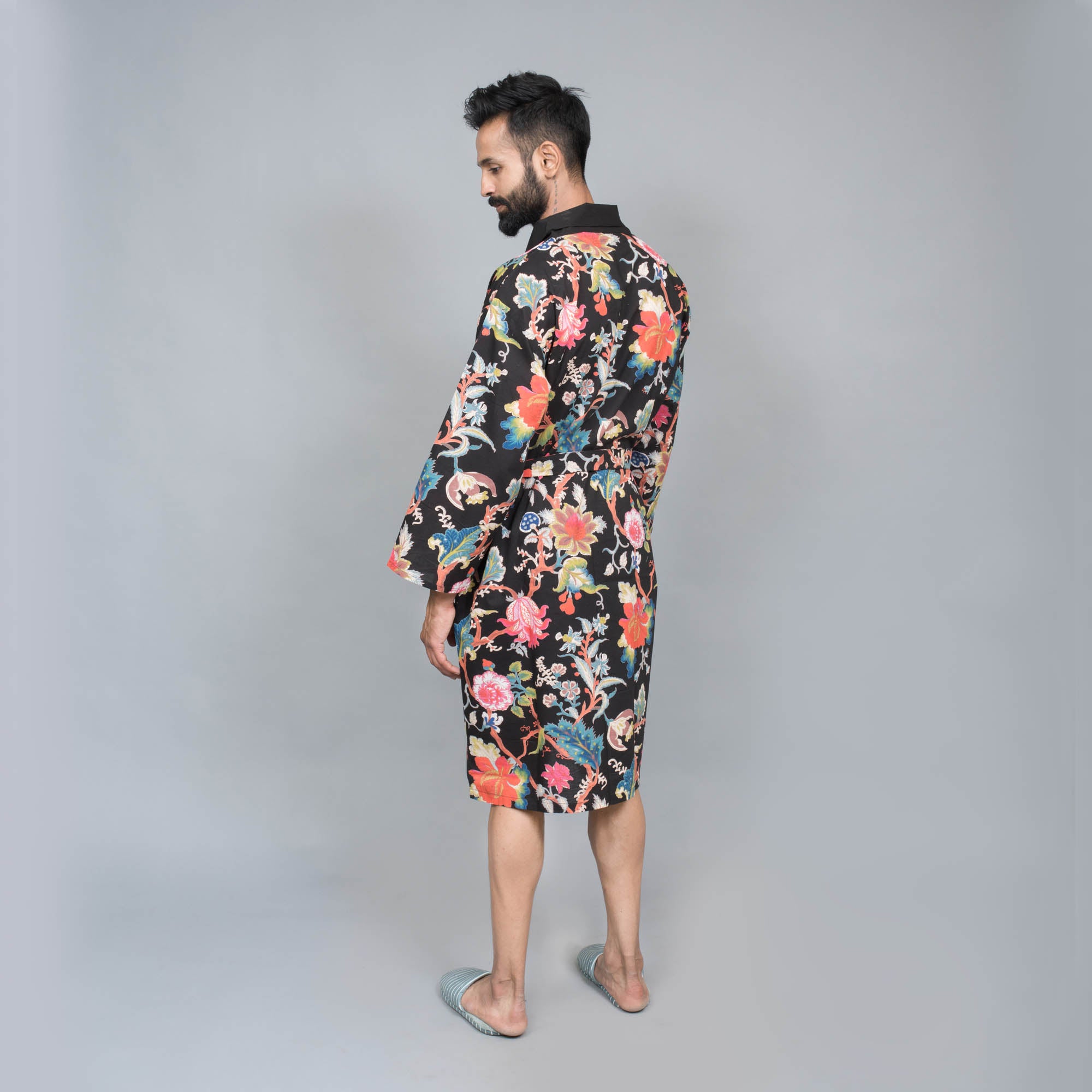 Men's Black Cotton Hand printed kimono robe