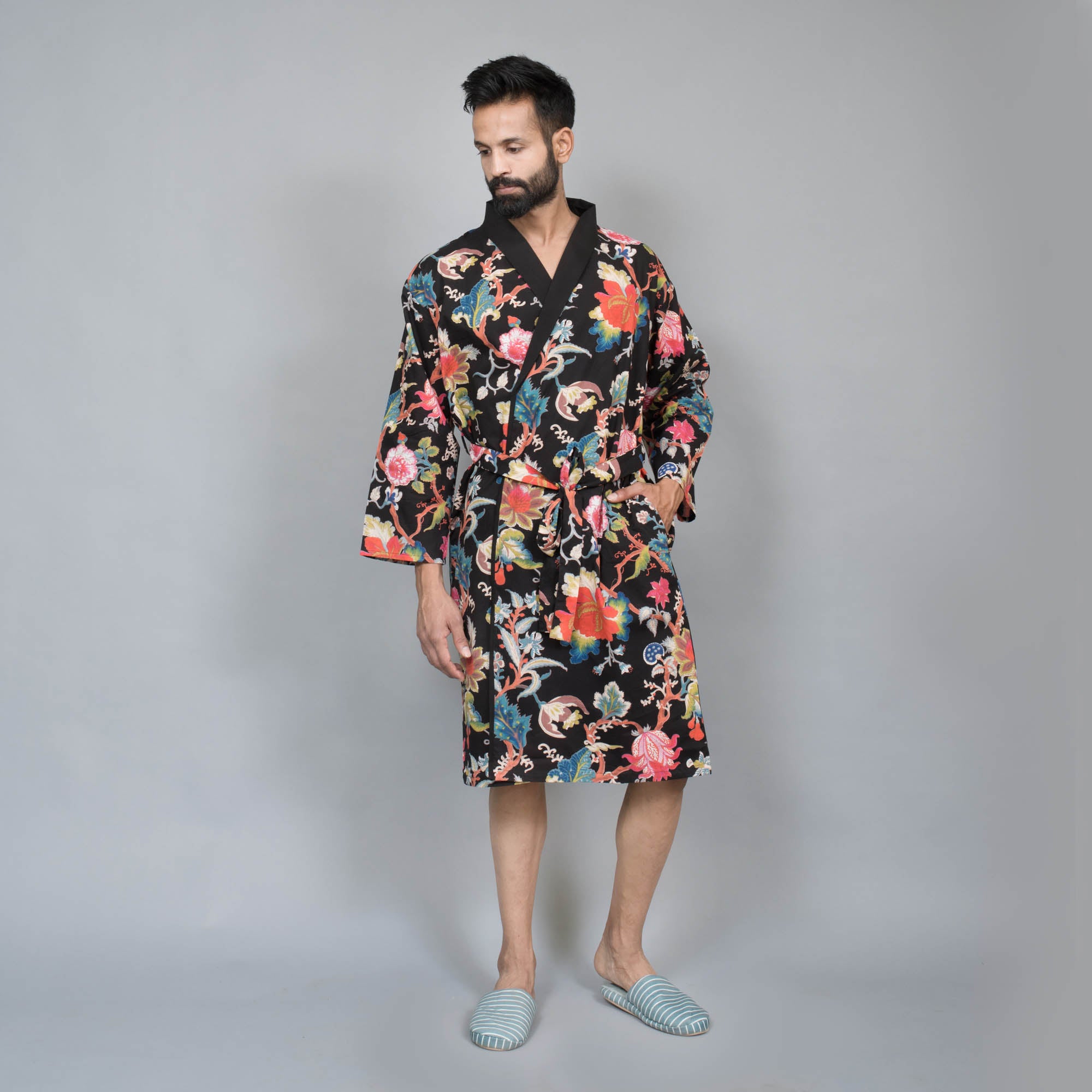 Men's Black Cotton Hand printed kimono robe