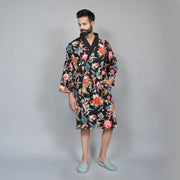 Couple Black Cotton Hand printed kimono robe