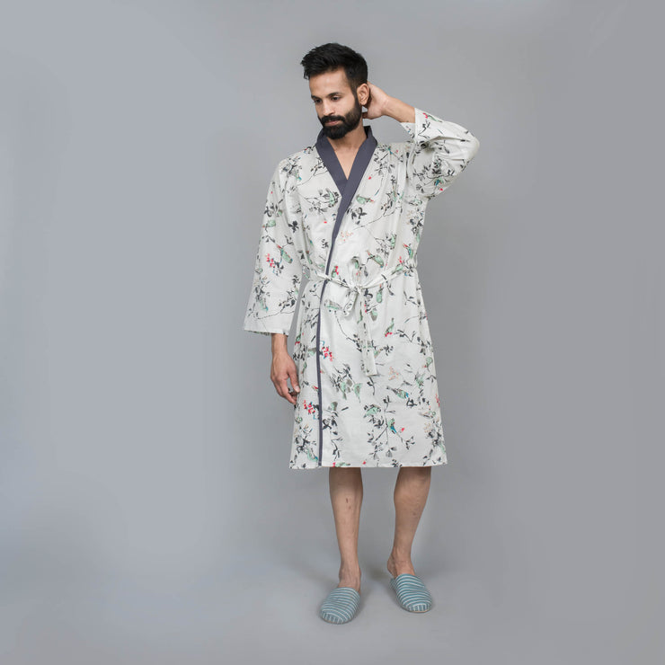 White Cotton Hand printed kimono robe
