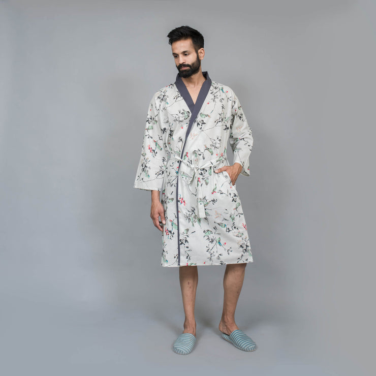 White Cotton Hand printed kimono robe