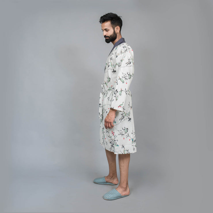 Men Off-White Pure Cotton kimono robe
