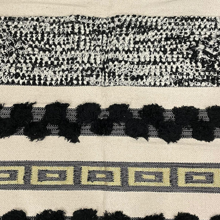 Hand-weaved Black Ruffle Cotton Rug with zari work