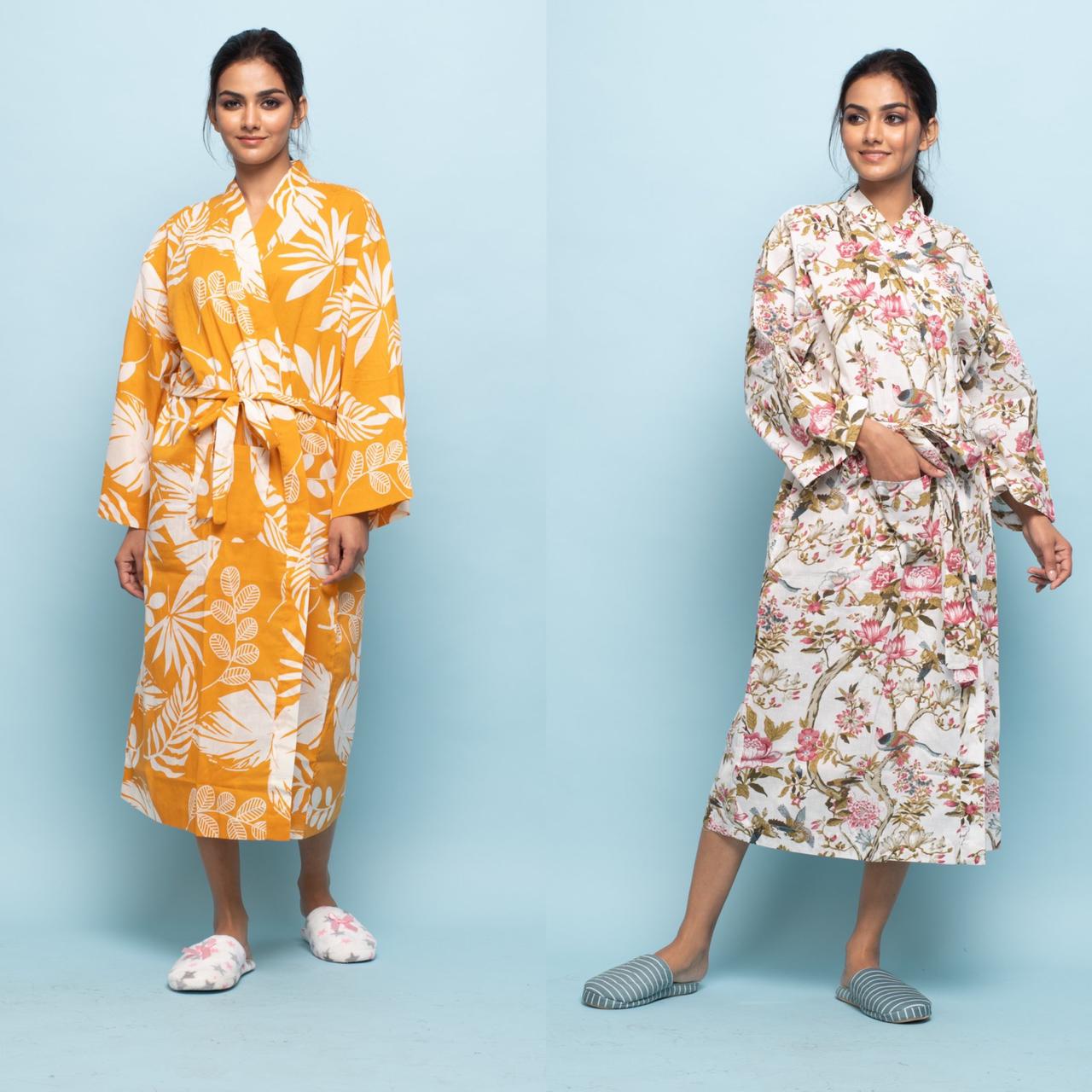Set of 2 Comfy Cotton Hand printed kimono robe