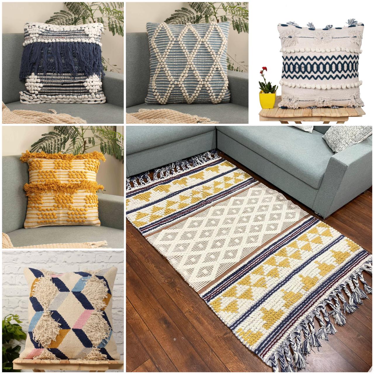 Hand-weaved cotton Multi-color Rug with a set of 5 cushion covers