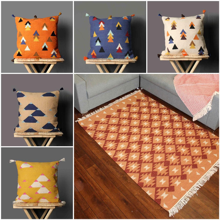 Hand-weaved cotton wool Multi-color Rug with a set of 5 cushion covers