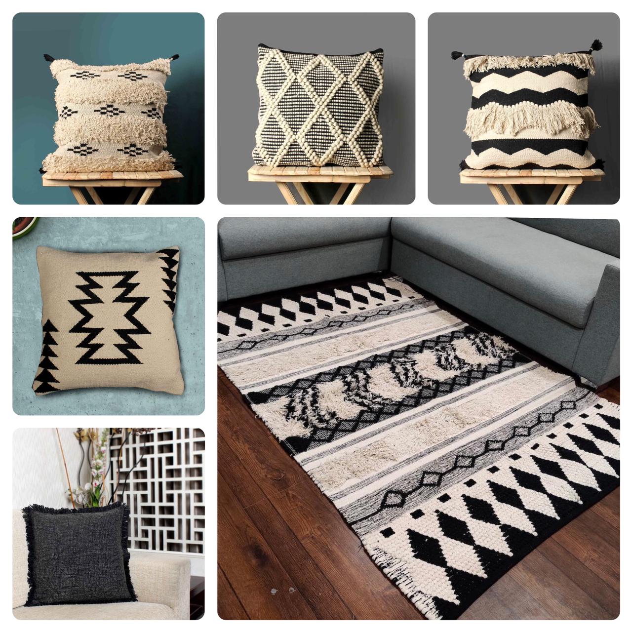 Hand-weaved 100% Cotton Multi-color  Rug with a set of 5 Cushion covers