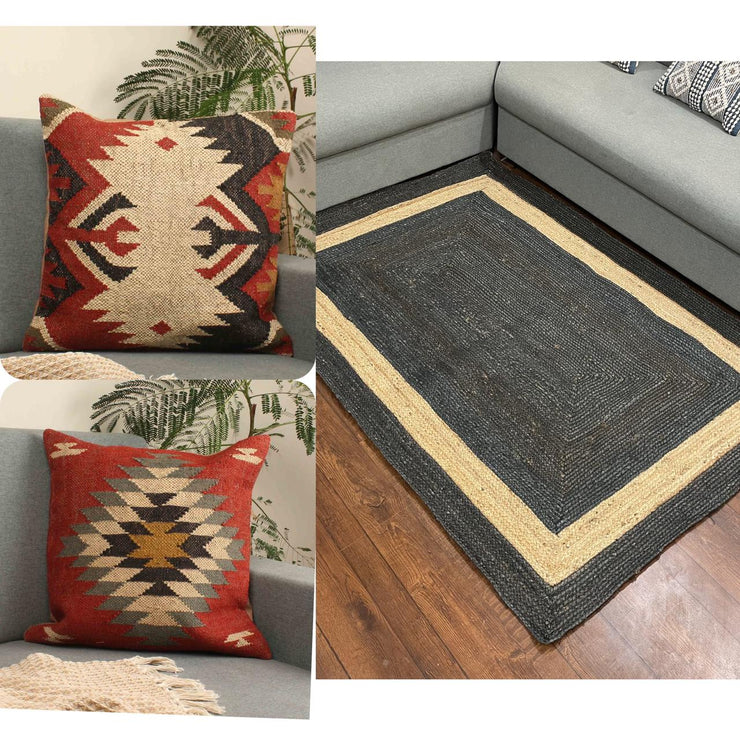 Hand-weaved Designer Jute Rug with a set of 2 cushion covers