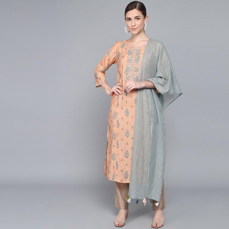 PEACH MUSLIN WOMEN'S KURTA PAJAMA DUPATTA SET muslin kurta Rangdeep-Fashions 