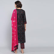 Rang Deep Black Pink Block Print Cotton Set of Kurti With Pant & Dupatta Kurti Dupatta set Pant Rangdeep-Fashions 