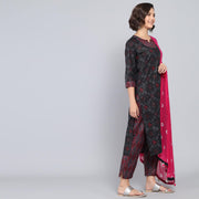 Rang Deep Black Pink Block Print Cotton Set of Kurti With Pant & Dupatta Kurti Dupatta set Pant Rangdeep-Fashions 