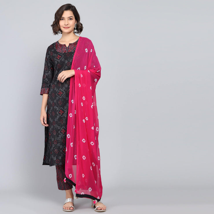 Rang Deep Black Pink Block Print Cotton Set of Kurti With Pant & Dupatta Kurti Dupatta set Pant Rangdeep-Fashions Medium 