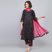 Rang Deep Black Pink Block Print Cotton Set of Kurti With Pant & Dupatta Kurti Dupatta set Pant Rangdeep-Fashions Small 