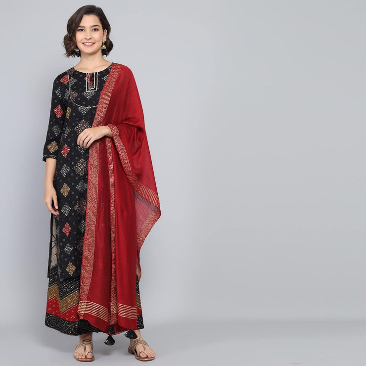 Rang Deep Black Red Block Print Cotton Set of Kurti With Pant & Dupatta Kurti Dupatta set Pant Rangdeep-Fashions Large 