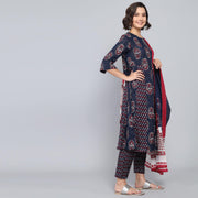 Rang Deep Midnight Blue Block Print Cotton Set of Kurti With Pant & Dupatta Kurti Dupatta set Pant Rangdeep-Fashions 