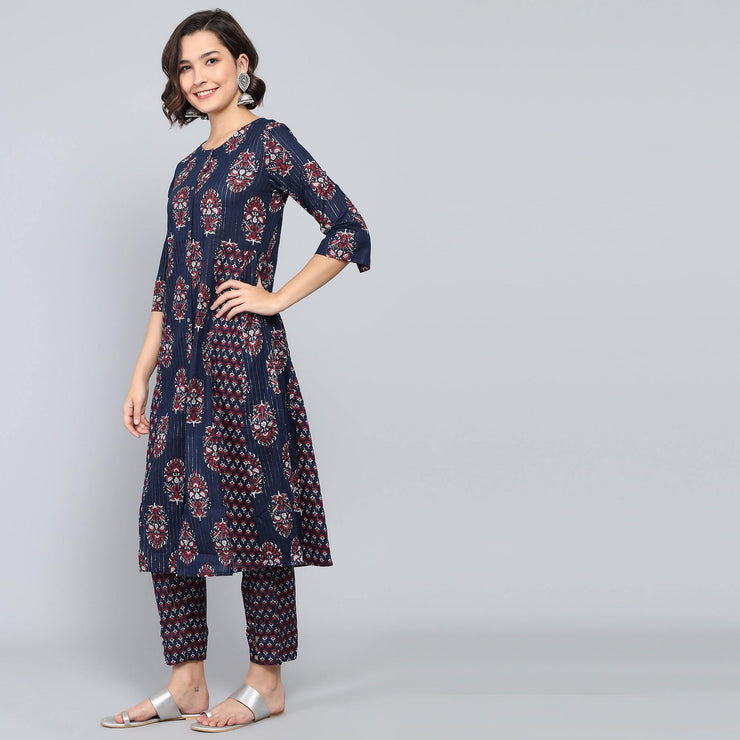 Rang Deep Midnight Blue Block Print Cotton Set of Kurti With Pant & Dupatta Kurti Dupatta set Pant Rangdeep-Fashions 