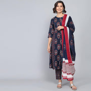 Rang Deep Midnight Blue Block Print Cotton Set of Kurti With Pant & Dupatta Kurti Dupatta set Pant Rangdeep-Fashions Medium 