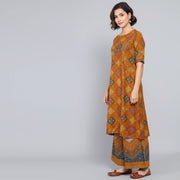 Rang Deep Ochre Block Print Cotton Set of Kurti With Plazzo & Dupatta Kurti Dupatta set Pant Rangdeep-Fashions 