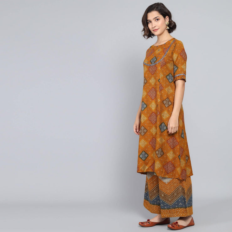 Rang Deep Ochre Block Print Cotton Set of Kurti With Plazzo & Dupatta Kurti Dupatta set Pant Rangdeep-Fashions 