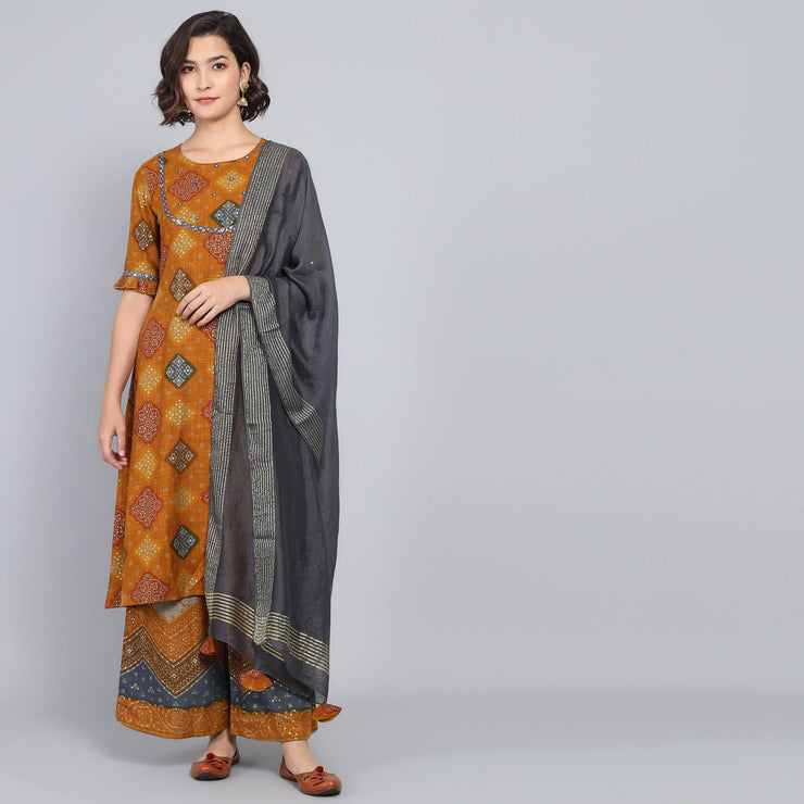 Rang Deep Ochre Block Print Cotton Set of Kurti With Plazzo & Dupatta Kurti Dupatta set Pant Rangdeep-Fashions 