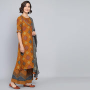 Rang Deep Ochre Block Print Cotton Set of Kurti With Plazzo & Dupatta Kurti Dupatta set Pant Rangdeep-Fashions 