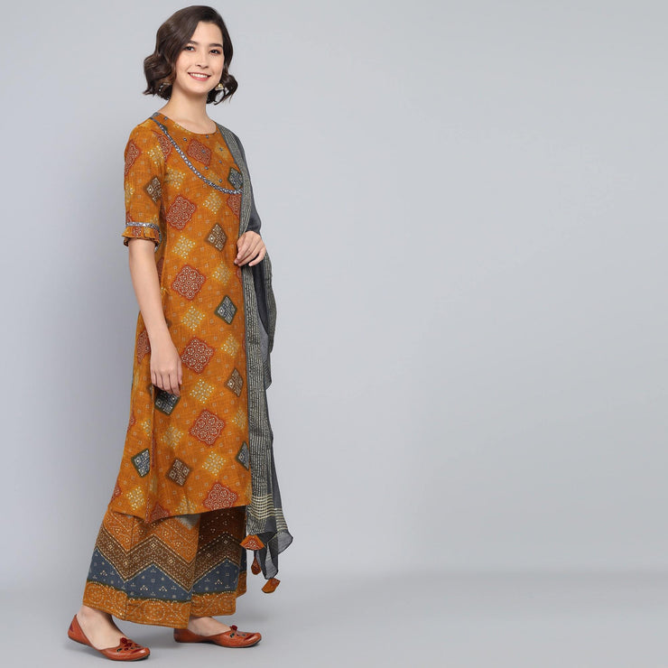 Rang Deep Ochre Block Print Cotton Set of Kurti With Plazzo & Dupatta Kurti Dupatta set Pant Rangdeep-Fashions 